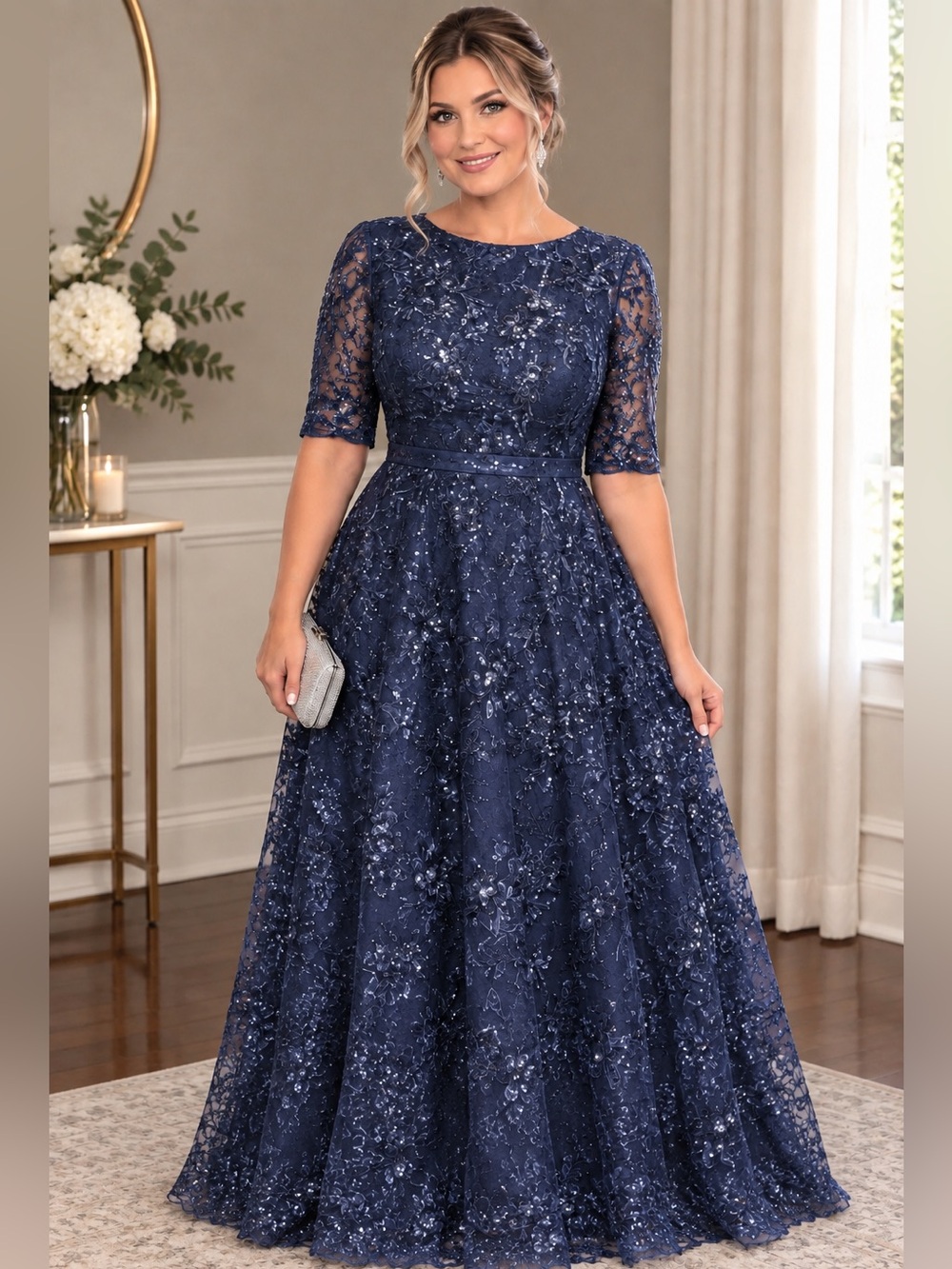 Beginning Boutique Navy Sequin Lace Maxi Dress